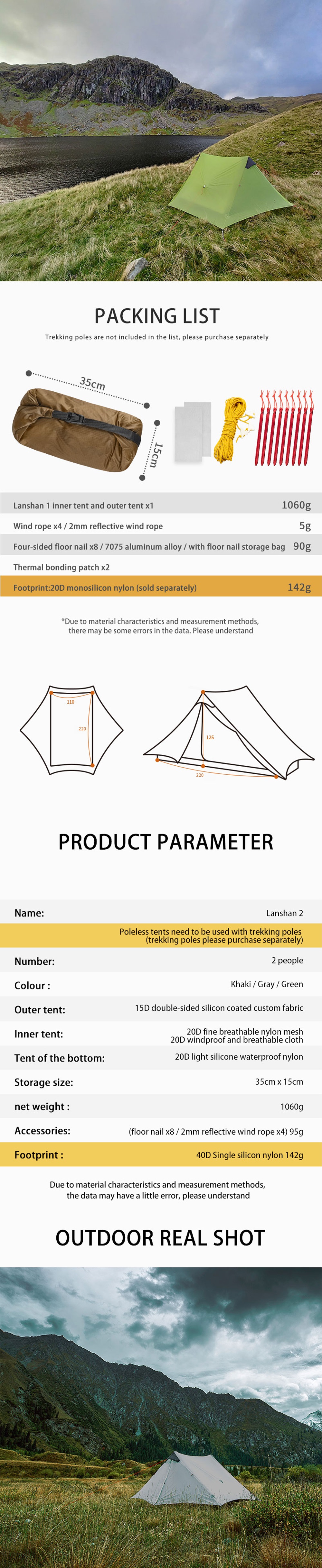 Cheap Goat Tents LanShan 2 3F UL GEAR 2 Person 1 Person Outdoor Ultralight Camping Tent 3 Season 4 Season Professional 15D Silnylon Rodless Tent   